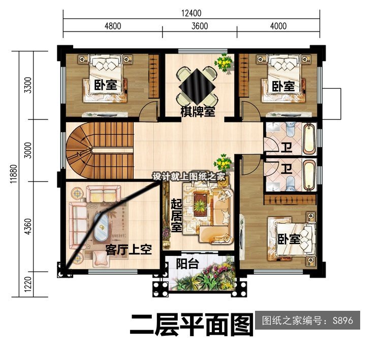 开间12.4米进深11.88米三层简欧风带阳台带露台 3层户型图