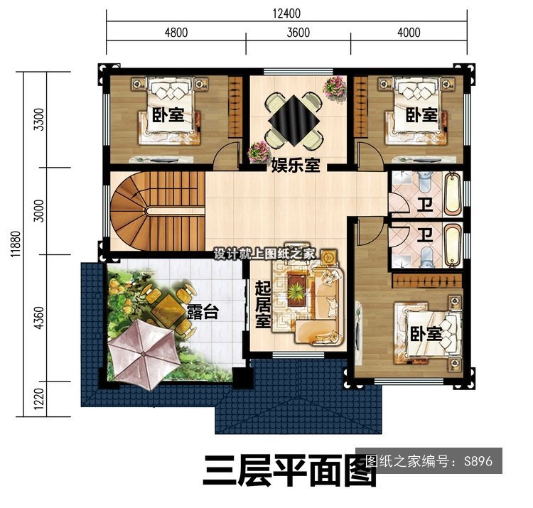 开间12.4米进深11.88米三层简欧风带阳台带露台 4层户型图