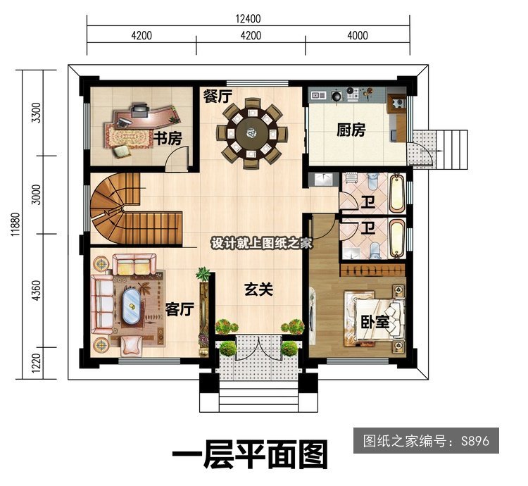 开间12.4米进深11.88米三层简欧风带阳台带露台 2层户型图