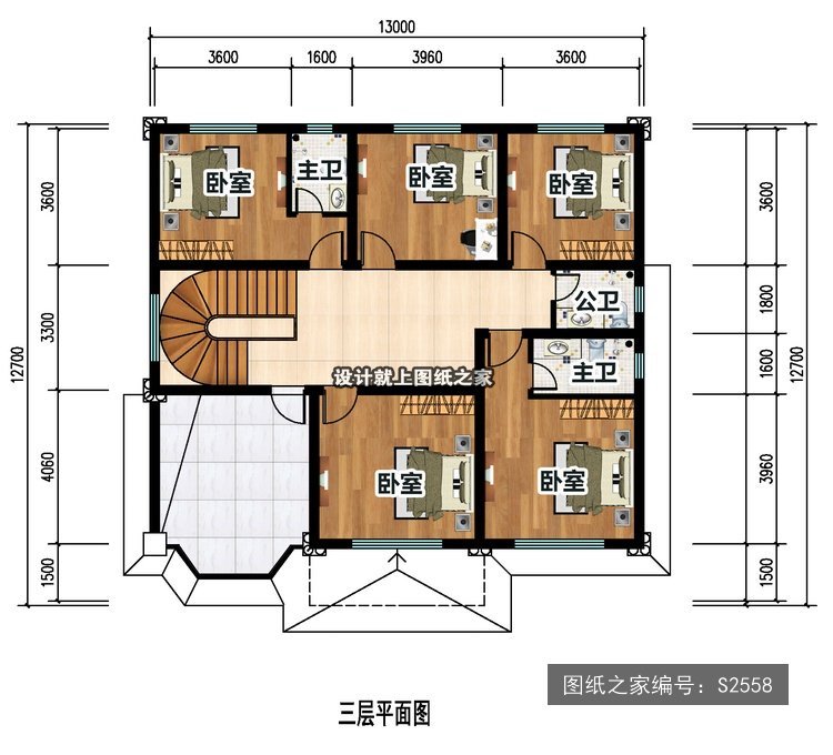 开间13米进深12.7米三层简欧风带车库带露台 3层户型图