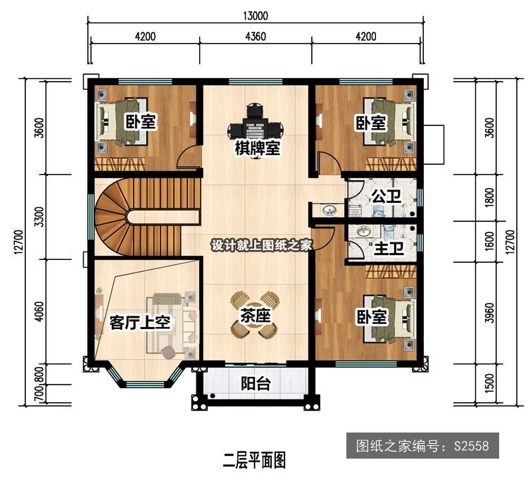 开间13米进深12.7米三层简欧风带车库带露台 2层户型图