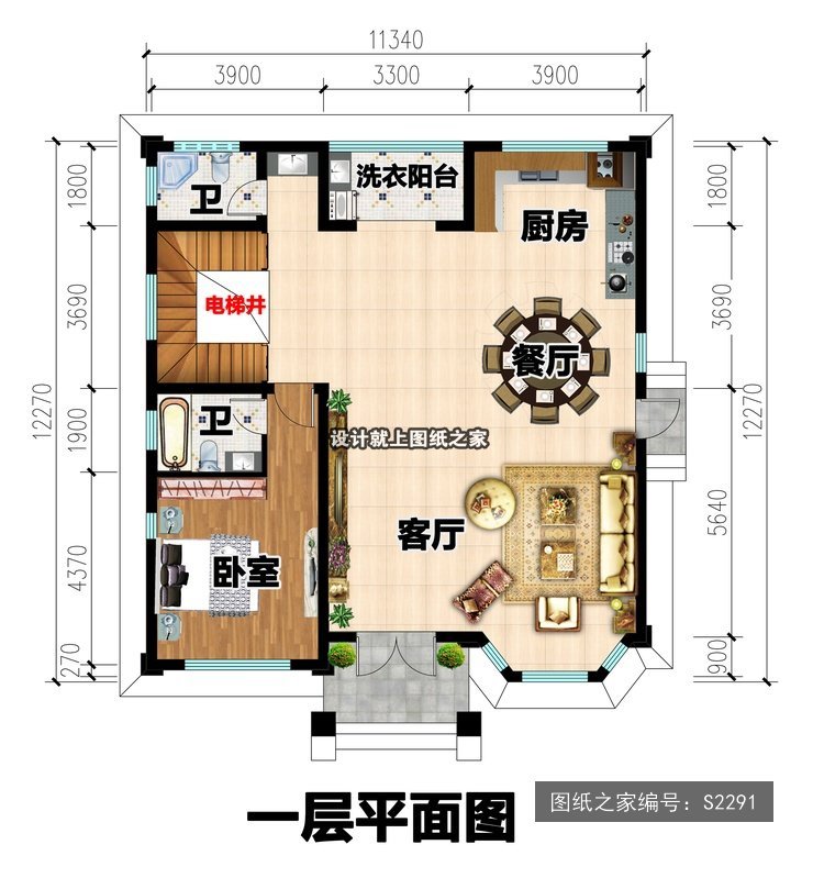 开间11.34米进深12.27米三层欧式风带露台带阳台 1层户型图