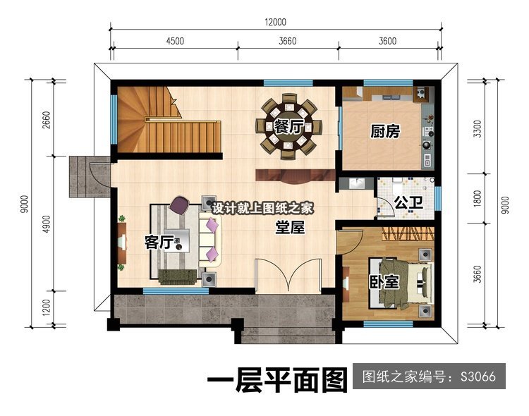 开间12米进深9米三层简欧风平屋顶带阳台 1层户型图
