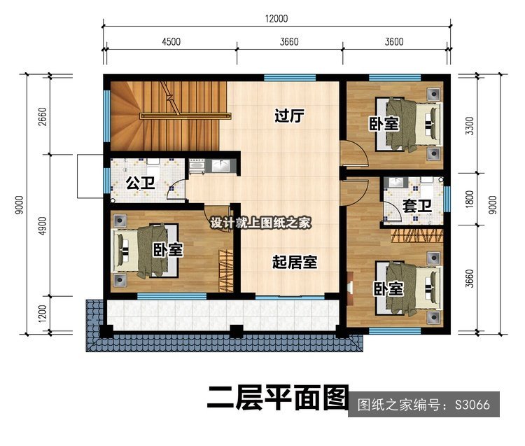 开间12米进深9米三层简欧风平屋顶带阳台 2层户型图