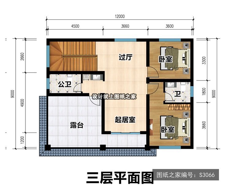 开间12米进深9米三层简欧风平屋顶带阳台 3层户型图