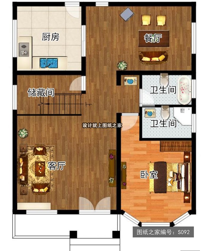 开间10米进深8.6米三层简欧风带阳台带露台 1层户型图