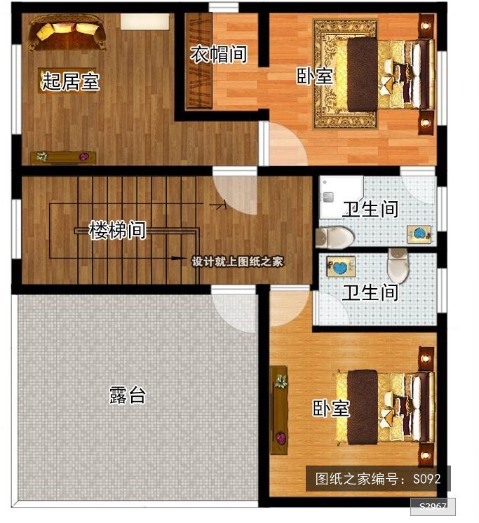 开间10米进深8.6米三层简欧风带阳台带露台 3层户型图