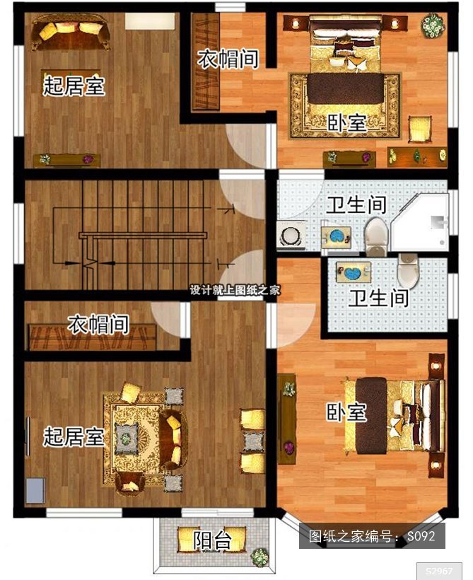 开间10米进深8.6米三层简欧风带阳台带露台 2层户型图