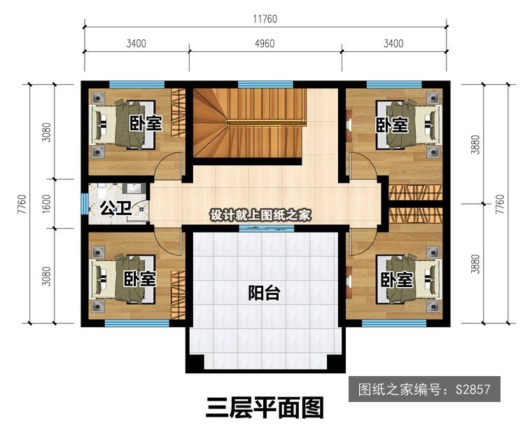 开间12米进深9.5米三层新中式带阳台 3层户型图
