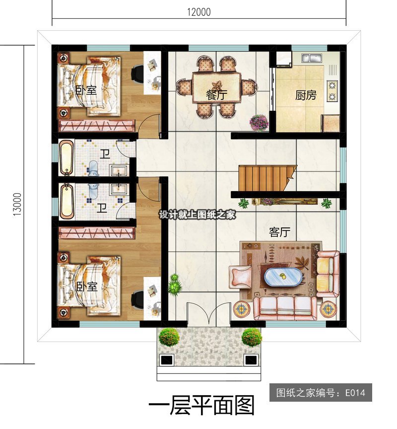 开间12米进深13米二层简欧风带露台无罗马柱 1层户型图