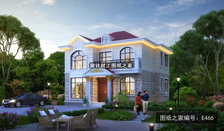 开间10.36米进深9.26米二层简欧风带车库无罗马柱 效果图