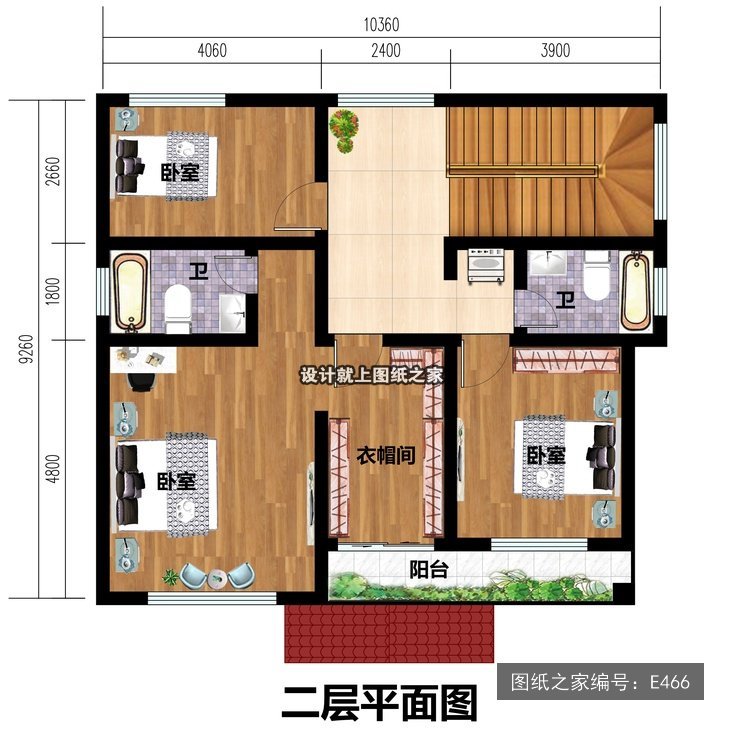 开间10.36米进深9.26米二层简欧风带车库无罗马柱 2层户型图