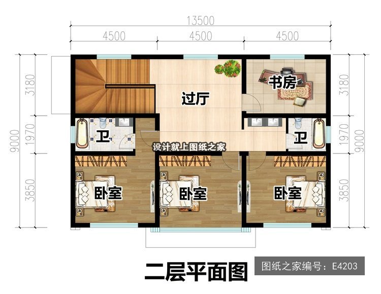 开间13.5米进深9米二层新中式无罗马柱 2层户型图