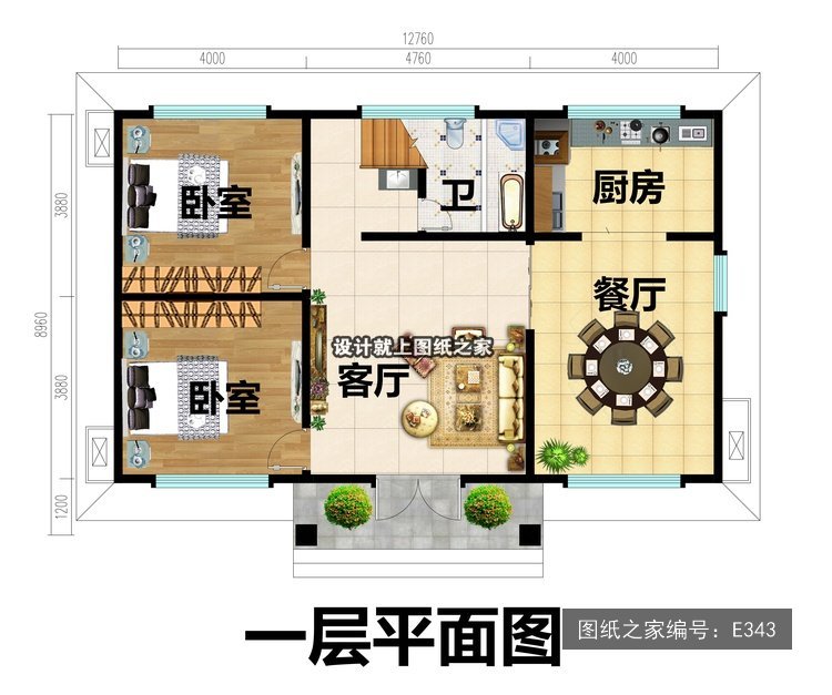 开间12.76米进深8.96米二层简欧风大露台带阳台 1层户型图