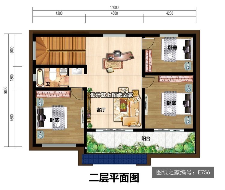 开间13米进深9米二层简欧风带阳台 2层户型图