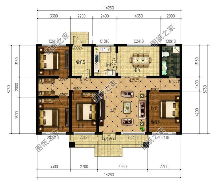 农村建房设计效果图一层，整体造型错落有致，不落俗套