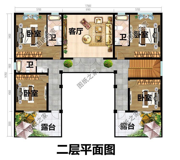 中式四合院别墅设计图二层平面图
