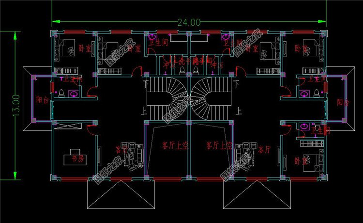 新中式四层双拼别墅二层平面图