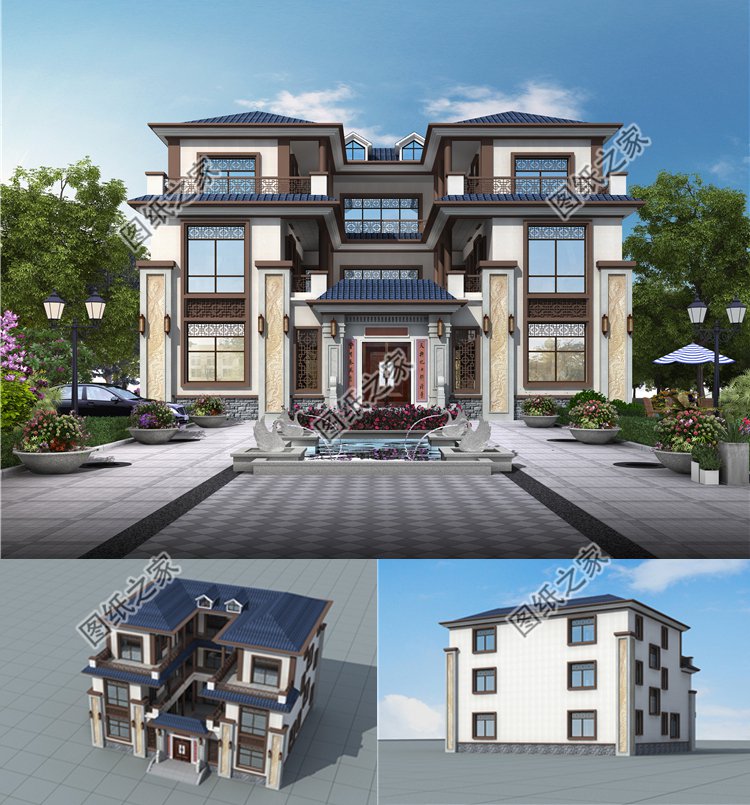 16.8x14.6米三层新中式别墅设计图效果图