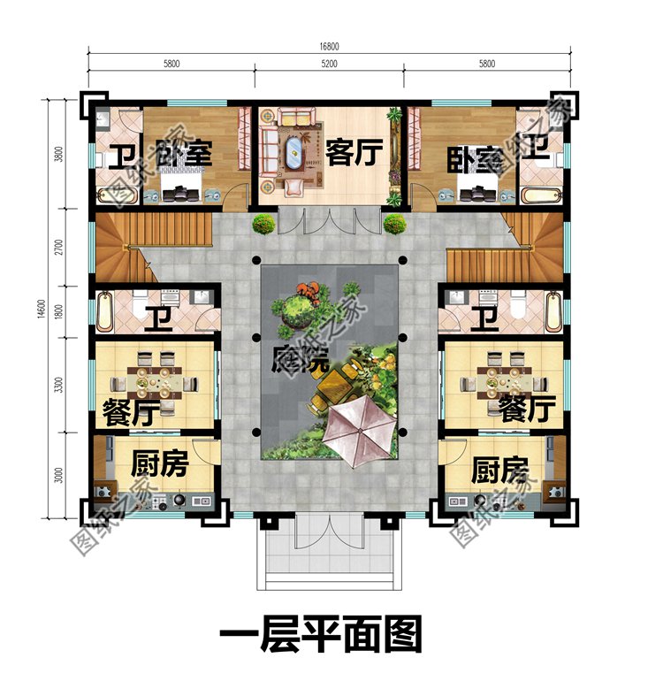 16.8x14.6米三层新中式别墅设计图一层平面图