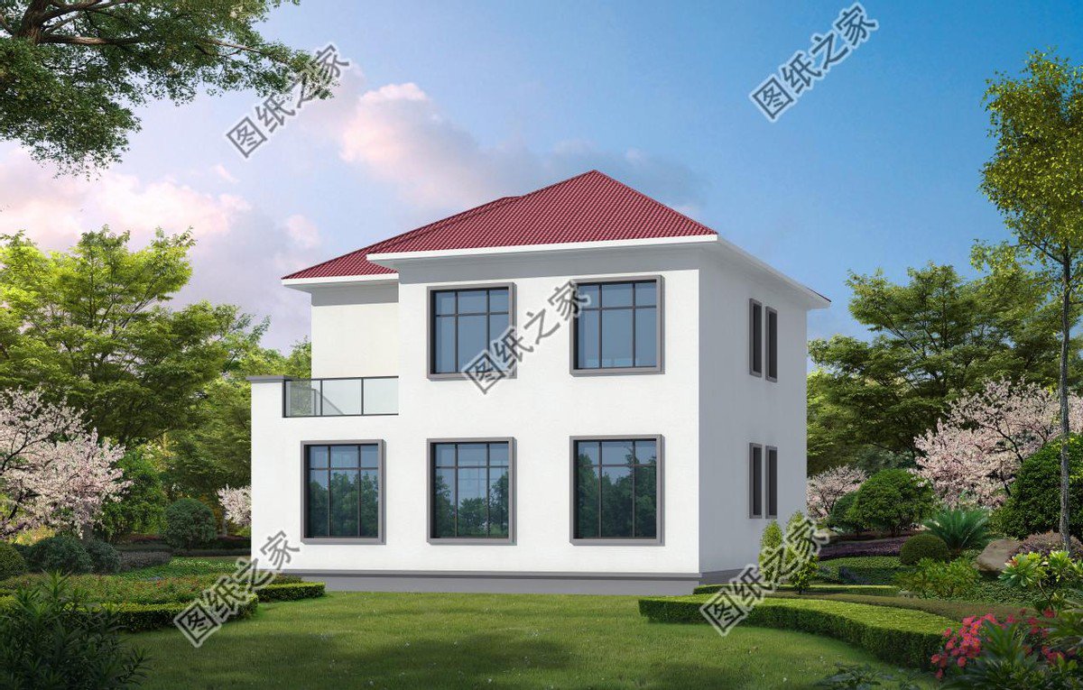 现代二层别墅设计，通体白墙红瓦，简约大方