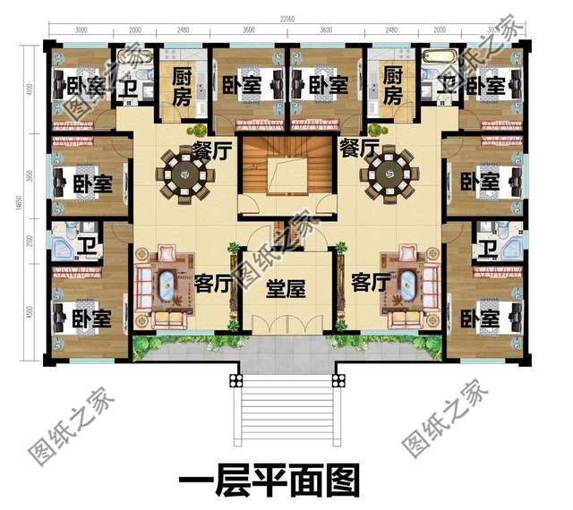 一层双拼别墅设计图，丰富的室内空间配置，满足您的生活起居