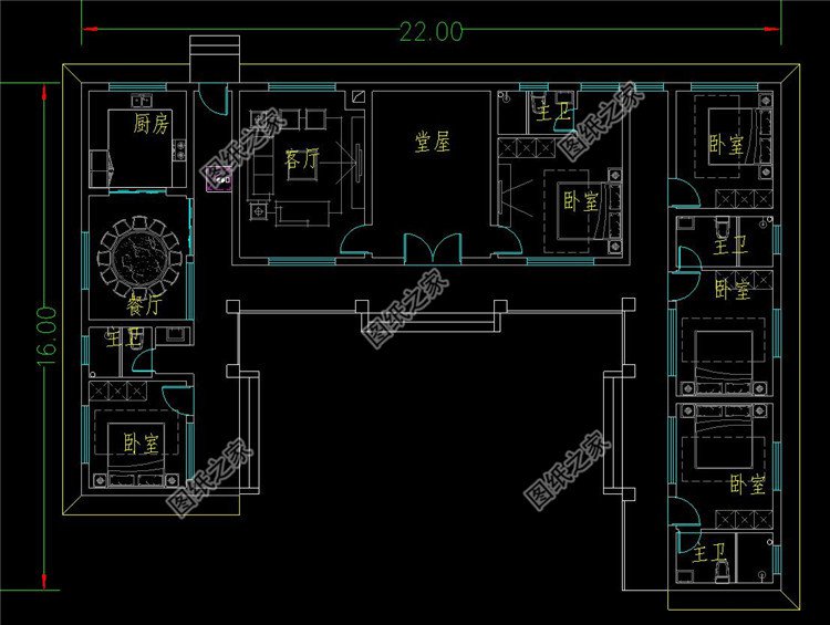 中式一层三合院别墅设计图平面图