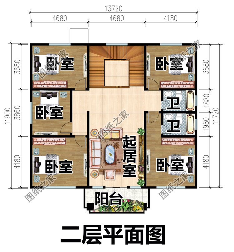 13.7×11.7米二层别墅设计图