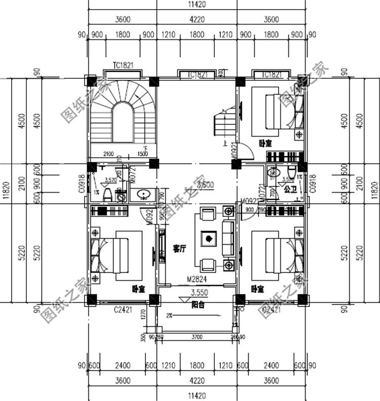 五层11x11.8米别墅设计方案二层