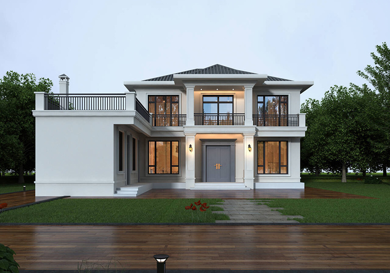 七字形二层户型农村自建房别墅设计图，厨房独立设在外，室内干净少油烟