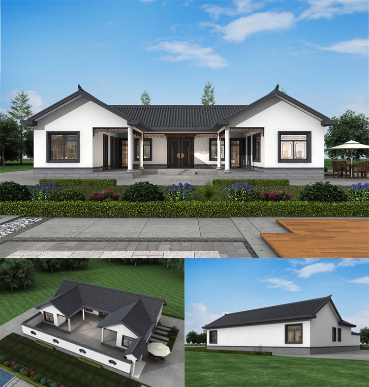 经典大气耐看一层新中式自建房设计图1