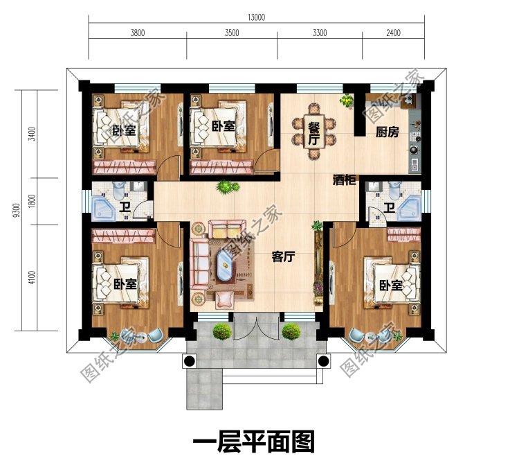 开间13米一层小别墅设计图,农村自建平房经典户型