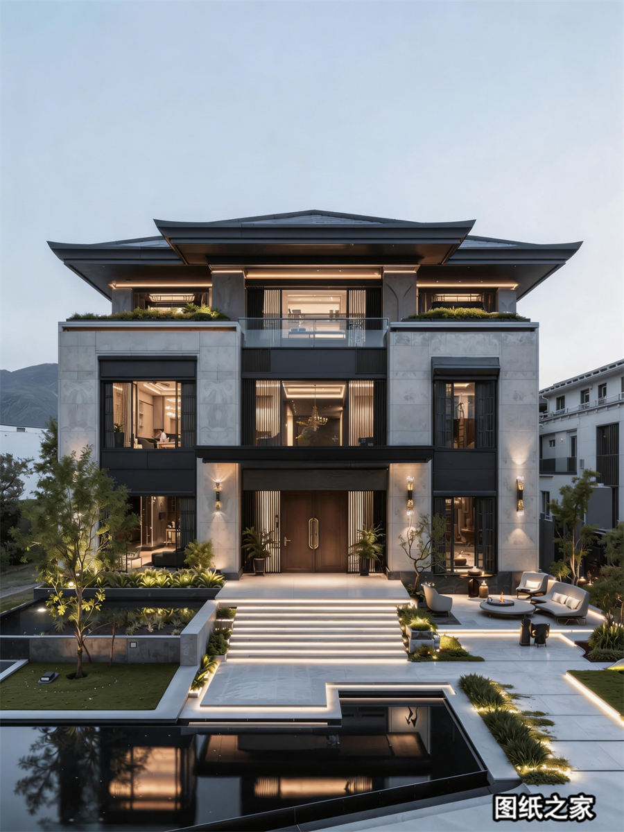 现代质感+中式风骨，这栋三层自建房绝了 - 别墅设计效果图