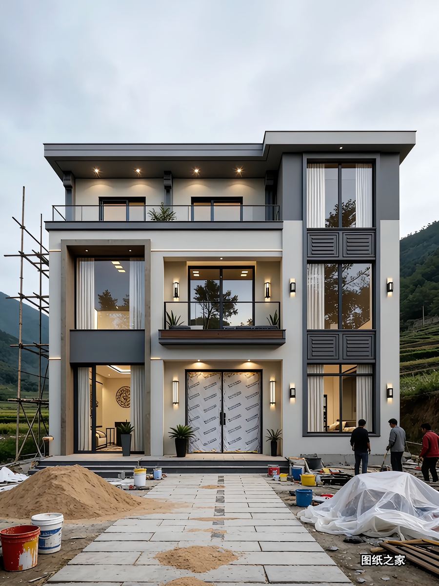 极简现代风三层别墅，平屋顶 - 别墅设计效果图