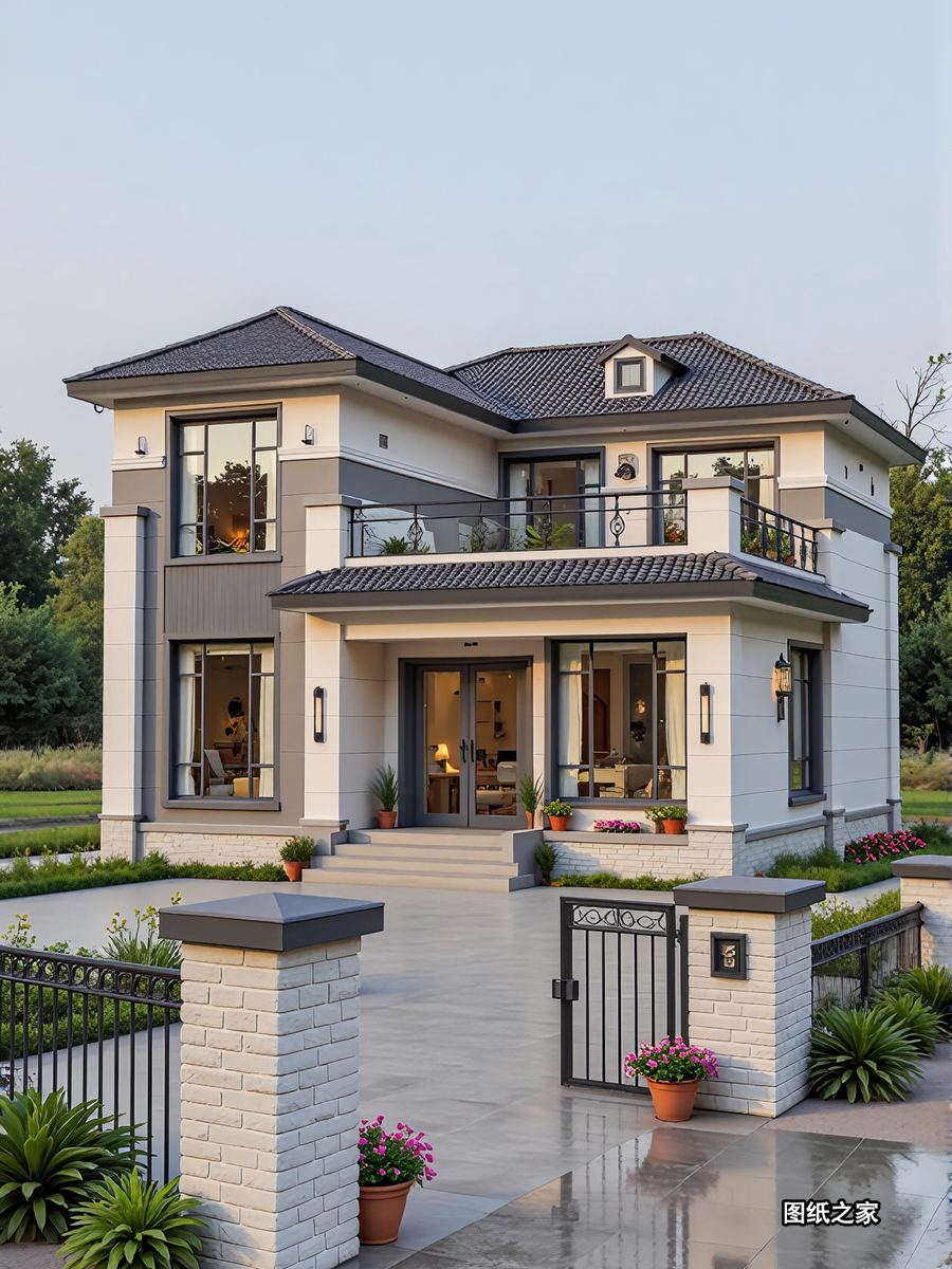 新中式二层别墅效果图，无罗马柱造型 - 别墅设计效果图