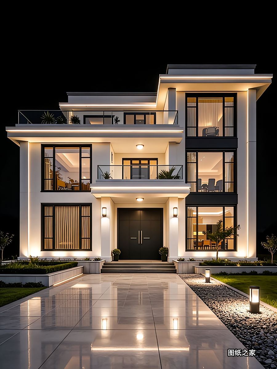 极简白三层自建房，干净耐看不过时 - 别墅设计效果图