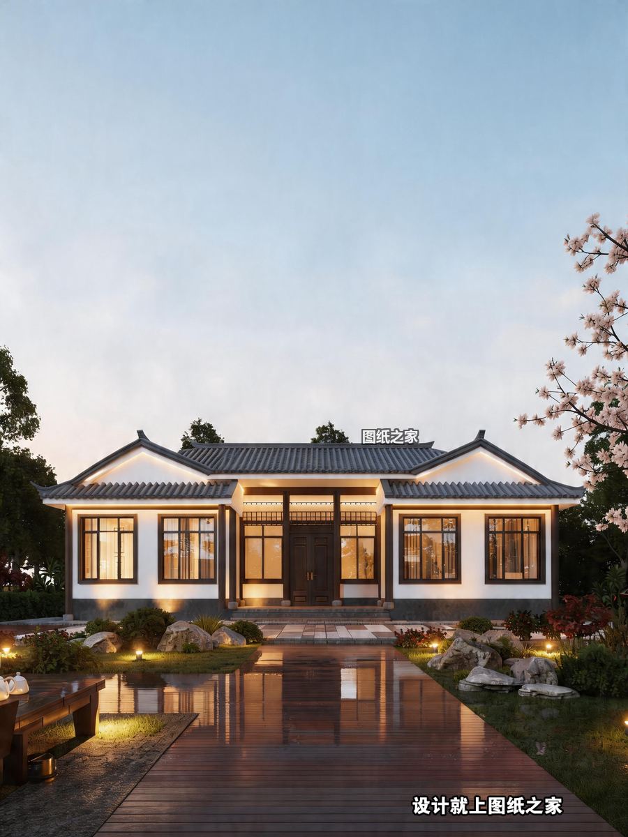一层雅致自建房，院子宽敞采光好 - 别墅设计效果图