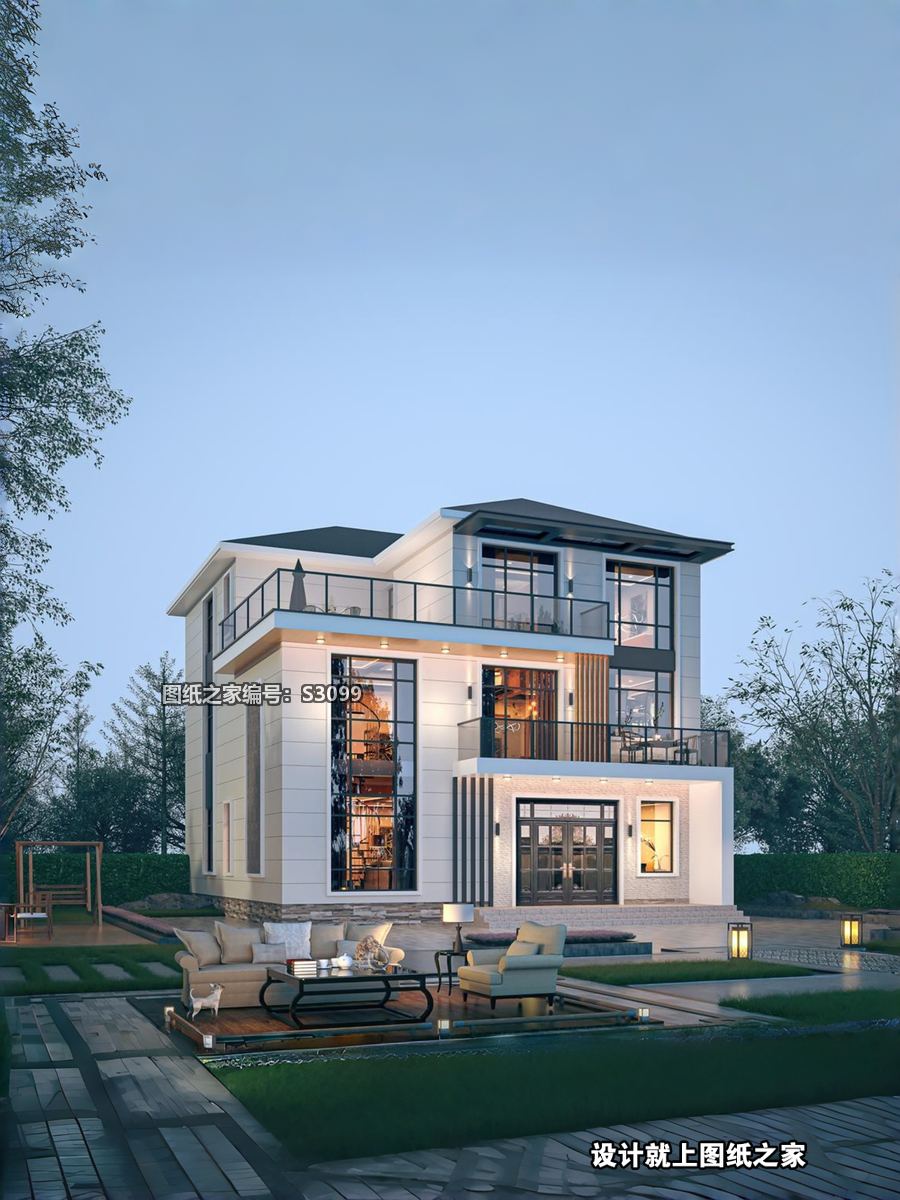 现代简约三层别墅，干净高级洋气 - 别墅设计效果图